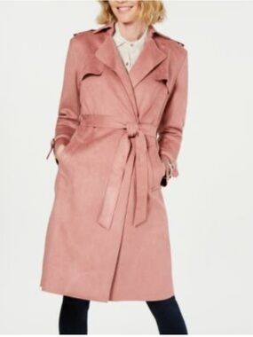 NWT Tahari Dusty Pink Faux Suede Belted Trench Coat